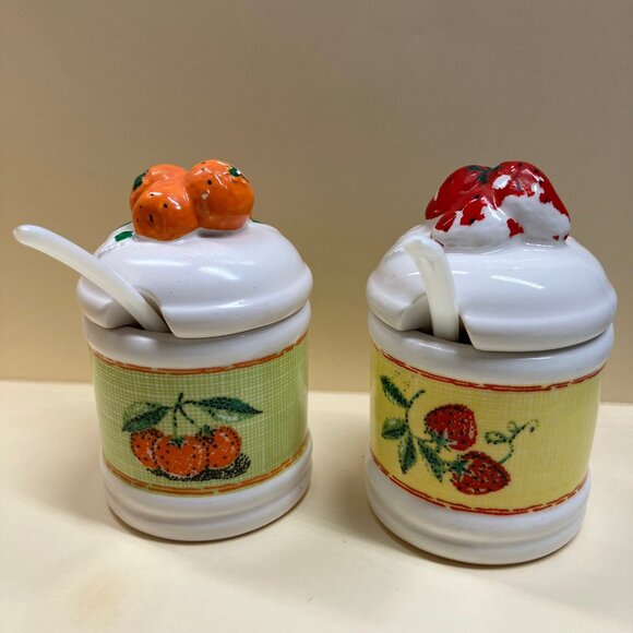 Set 2 Jam Marmalade Ceramic Jars 3"w/Spoon Made in Japan Strawberry Persimmon - Picture 1 of 6